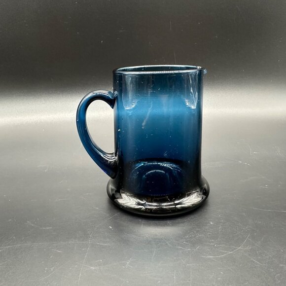 Vintage Hand Blown Blue Glass Pitcher Creamer Spout Applied Handle Art Glass - Picture 4 of 9